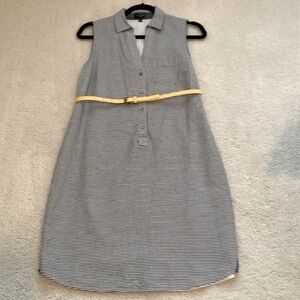 The Limited Ashton Gray Striped Sleeveless Shift Dress with yellow belt.